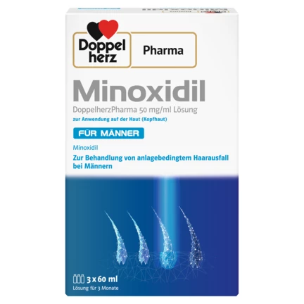Abbildung der Produktverpackung DoppelherzPharma Minoxidil DoppelherzPharma 50 mg/ml Lösung zur Anwendung auf der Haut (Kopfhaut)  Rückansicht
